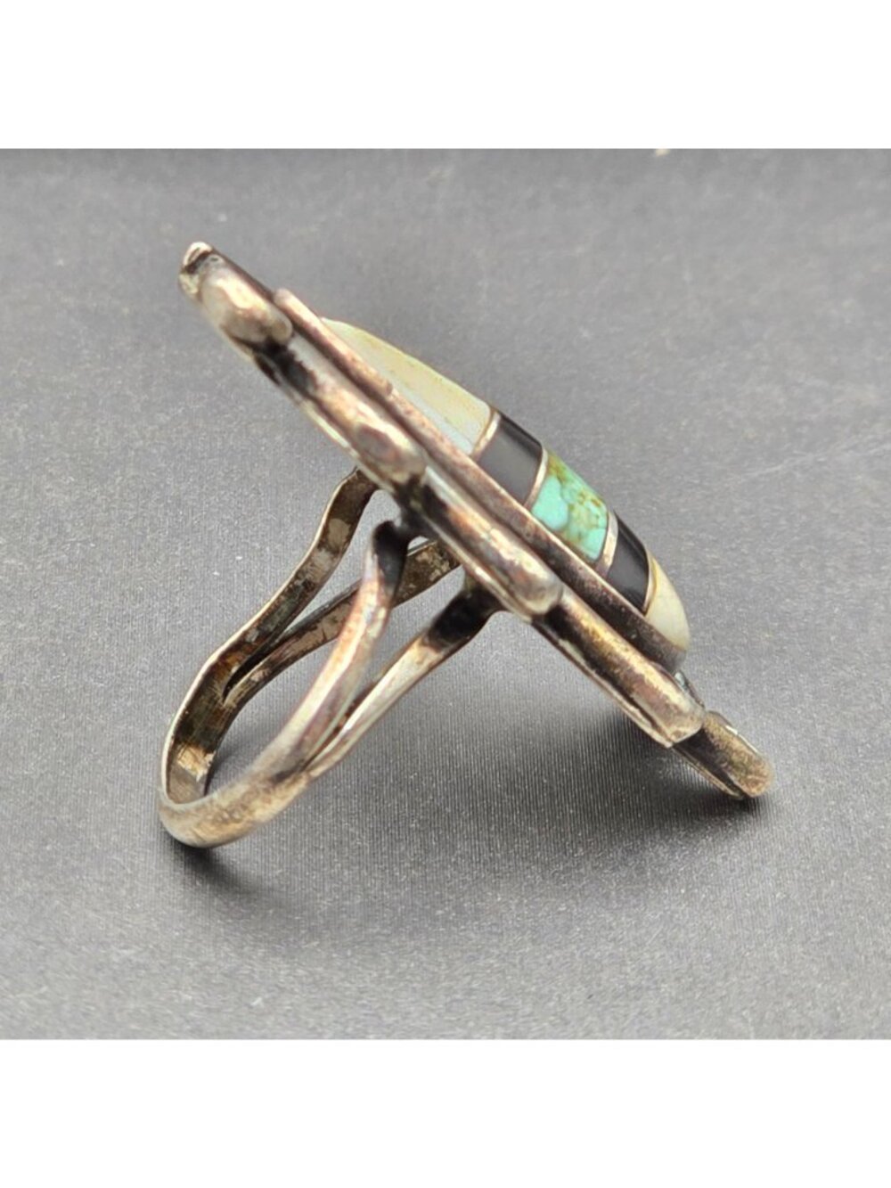 Vintage Southwestern 925 Sterling White Buffalo Turquoise Onyx Inlay Ring READ - Picture 6 of 15